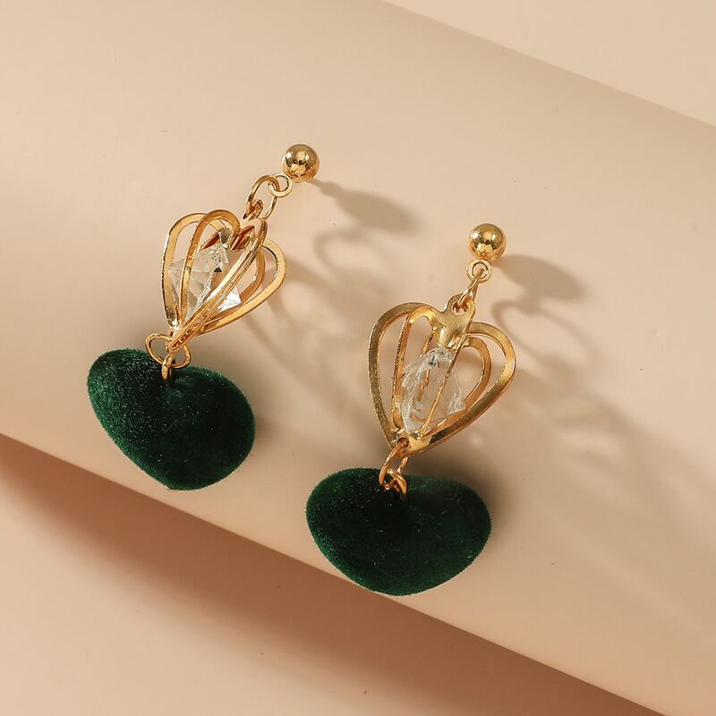 

Zircon Heart Drop Earrings, Dark green