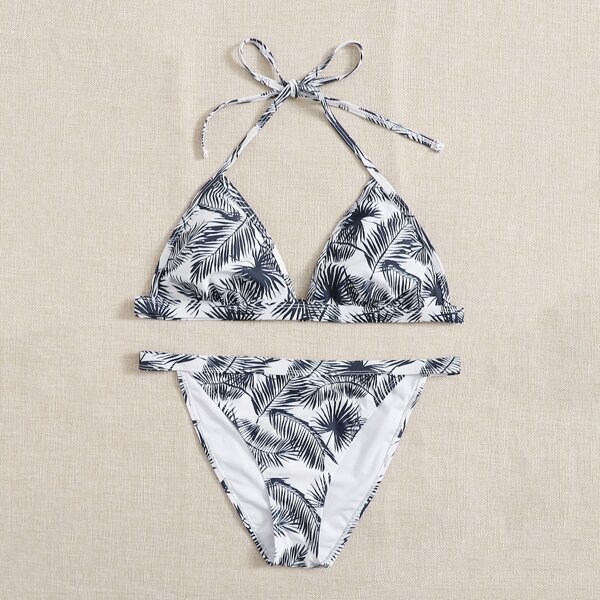 

Leaf Print Triangle Tanga Bikini Swimsuit, Black and white
