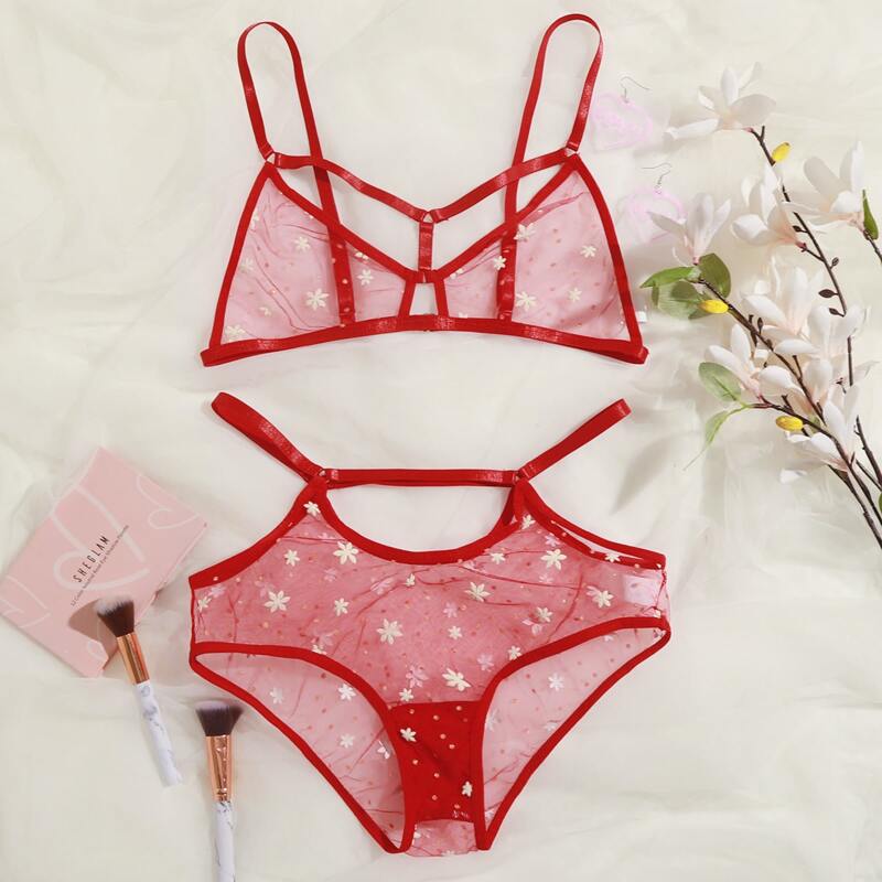 

Lace Floral Sheer Lingerie Set, Red