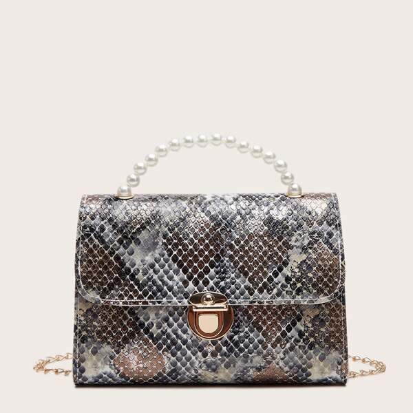 

Snakeskin Print Satchel Bag, Brown
