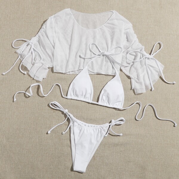 

3pack Triangle Tie Side Bikini Swimsuit & Fishnet Top, White