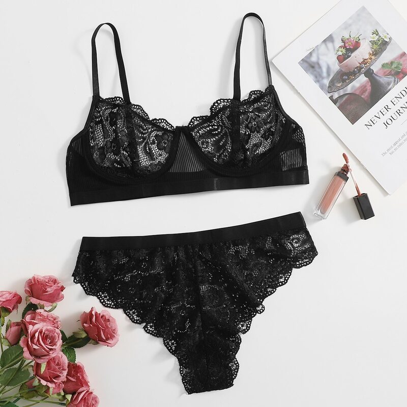 

Solid Lace Scallop Lingerie Set, Black