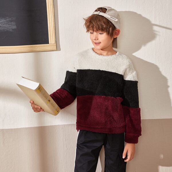 

Boys Drop Shoulder Colorblock Teddy Pullover, Multicolor