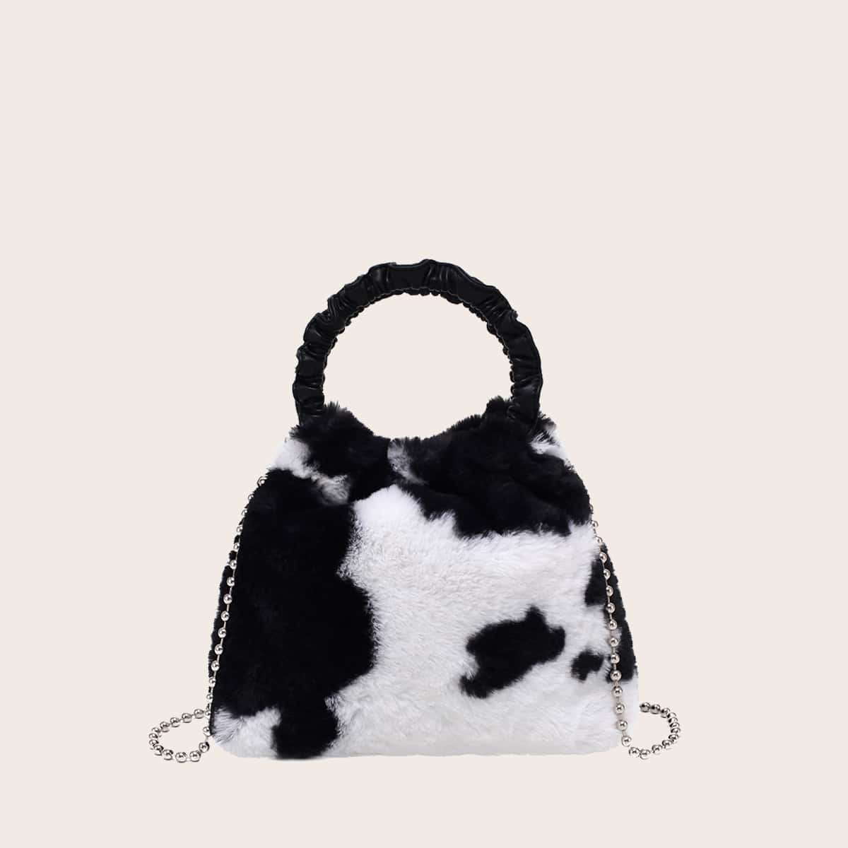 

Mini Cow Print Satchel Bag, Black and white