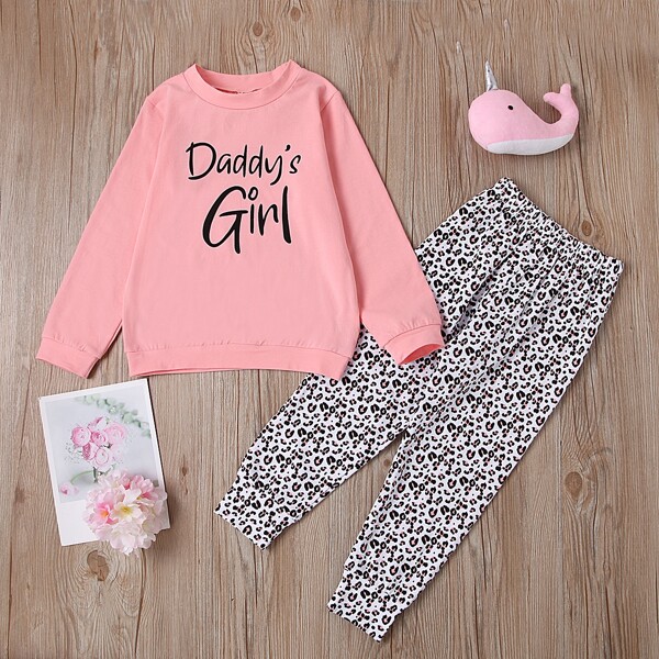 

Toddler Girls Letter And Leopard Print Sweatshirt & Sweatpants, Multicolor