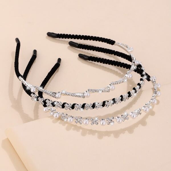

3pcs Faux Pearl & Rhinestone Decor Hair Hoop, Silver