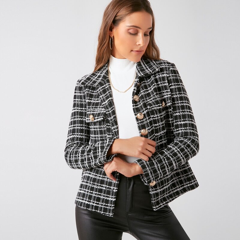 

Flap Pocket Front Tweed Coat, Black and white