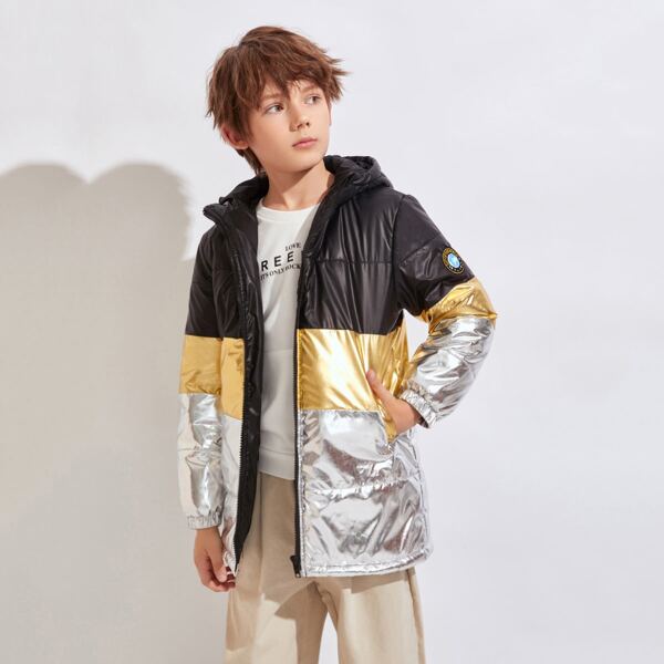 

Boys Patch Detail Colorblock Metallic Puffer Coat, Multicolor