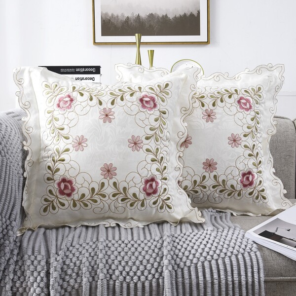 

1pc Flower Embroidery Cushion Cover Without Filler, Multicolor