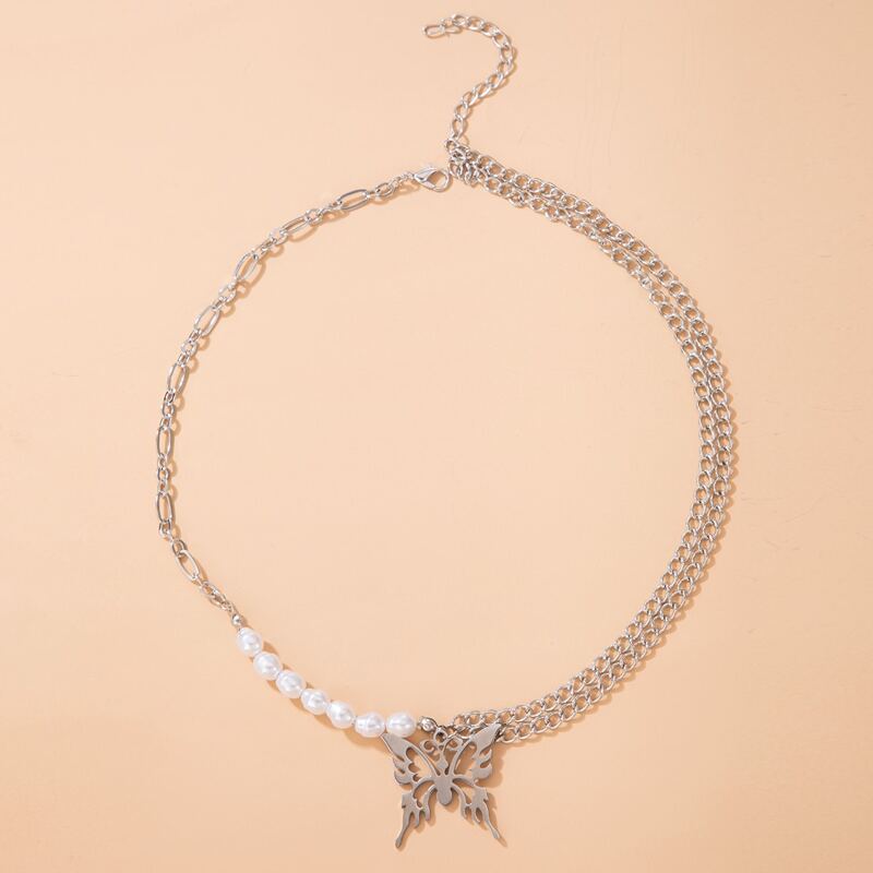 

Faux Pearl & Butterfly Chain Necklace, Silver