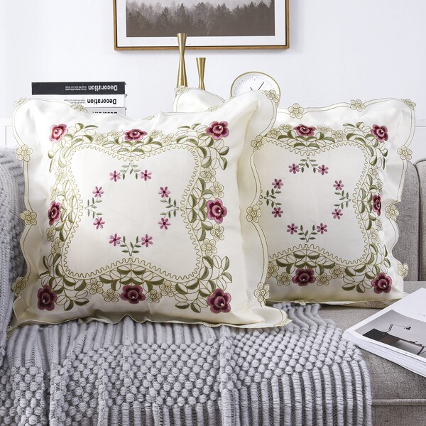 

1pc Flower Embroidery Cushion Cover Without Filler, Multicolor