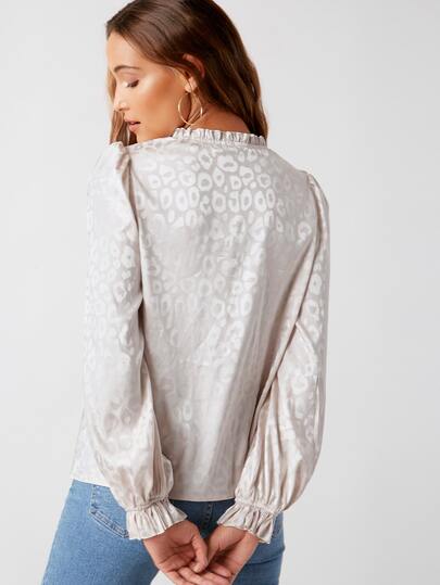 Frilled Tie Neck Ruffle Cuff Leopard Jacquard Satin Top