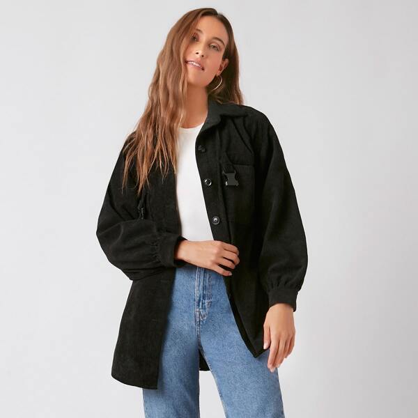 

Patch Pocket Push Buckle Detail Cord Coat, Black