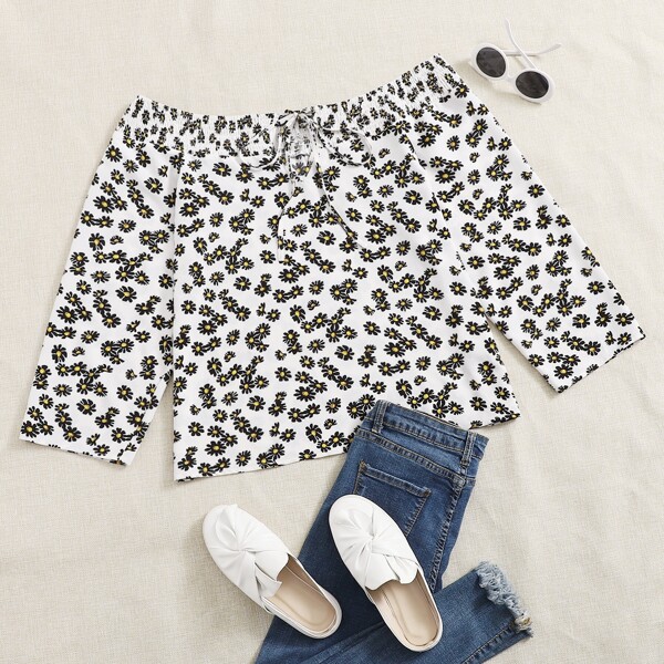 

Plus Daisy Floral Bardot Shirred Tie Front Blouse, Black and white