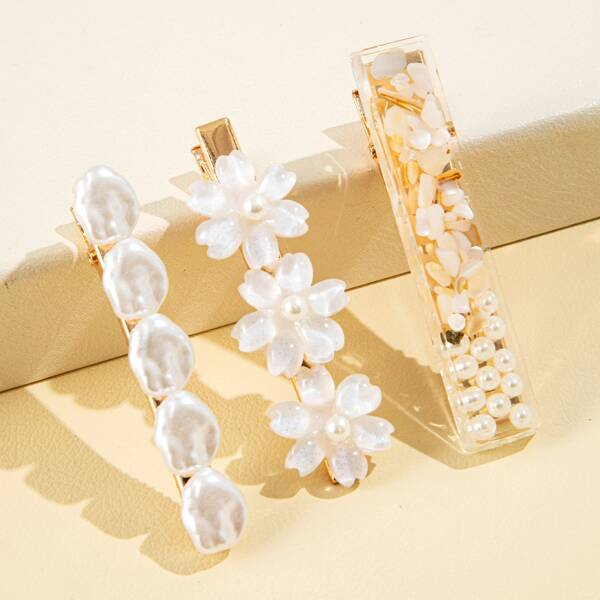 

3pcs Faux Pearl Flower Decor Hair Clip, White