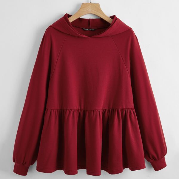 

Raglan Sleeve Ruffle Hem Solid Hoodie, Burgundy