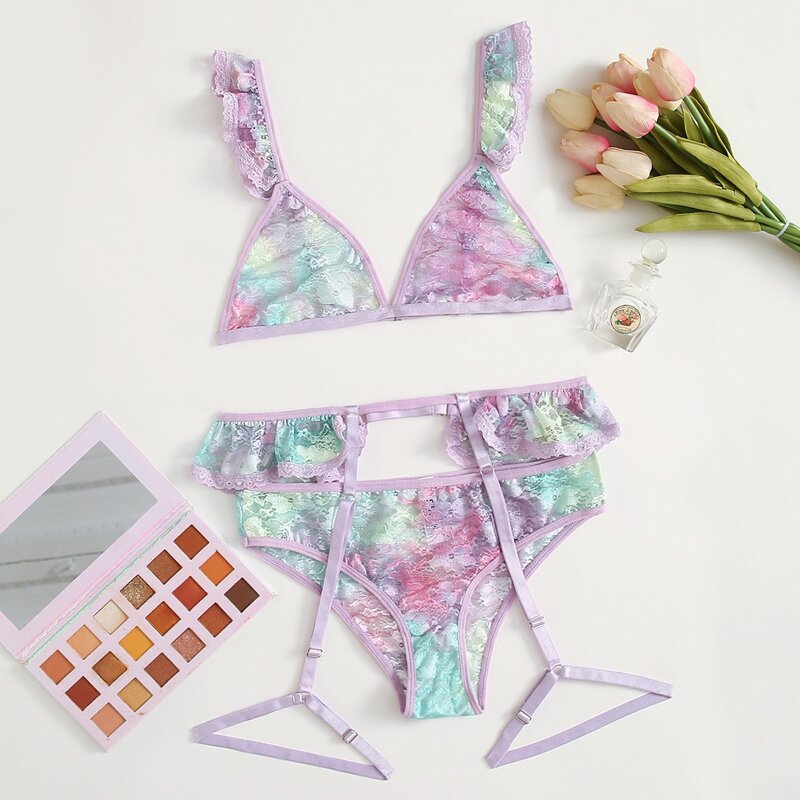 

Lace Tie Dye Garter Lingerie Set, Multicolor