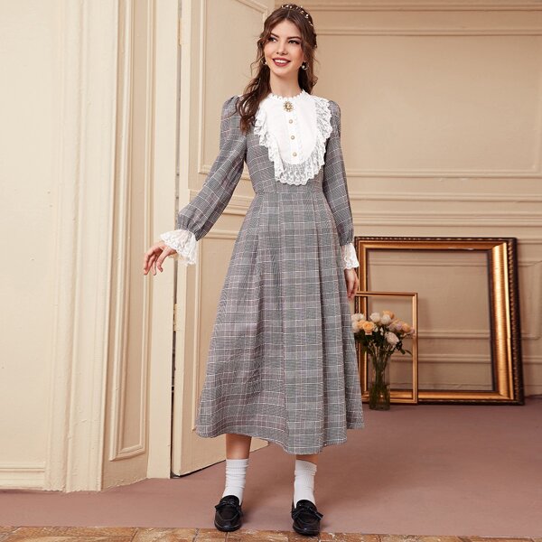 

Brooch Front Embroidery Mesh Ruffle Yoke Plaid Dress, Multicolor