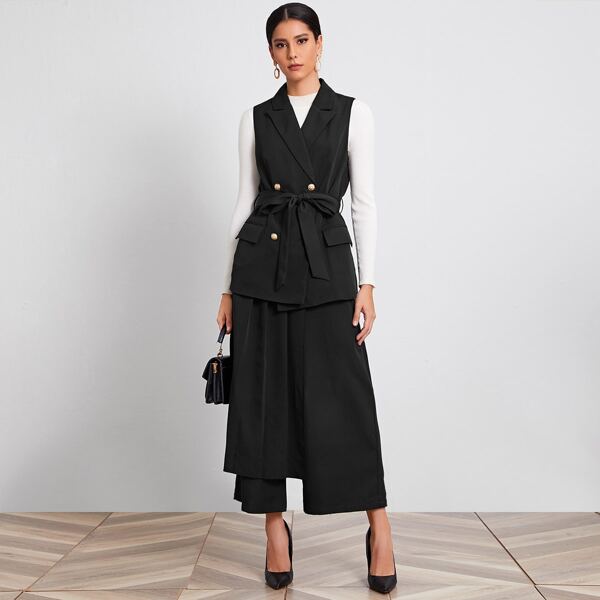 

Notched Collar Buttoned Front Sleeveless Blazer & Pleated Foldover Pants Set, Black