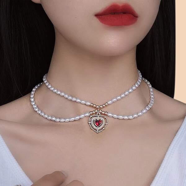 

Heart Pendant Layered Necklace, White
