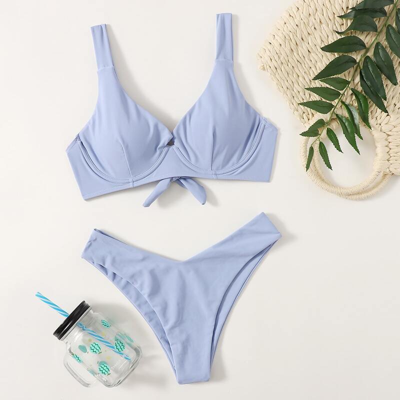 

Solid High Cut Bikini Swimsuit, Baby blue