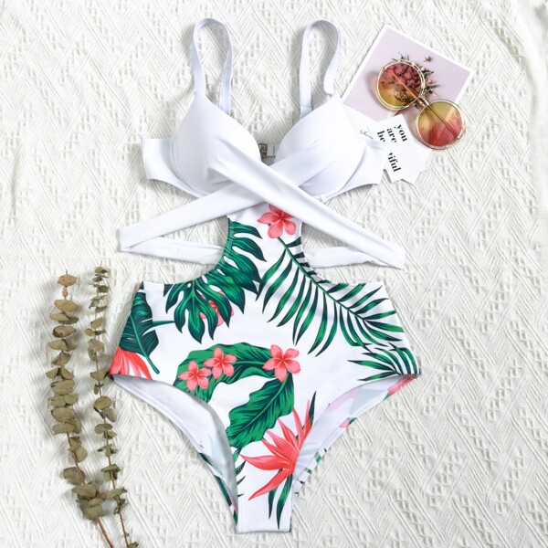 

Floral & Tropical Cut-out One Piece Swimsuit, Multicolor
