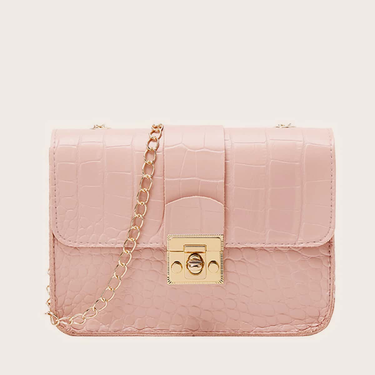 

Croc Embossed Flap Chain Bag, Pink
