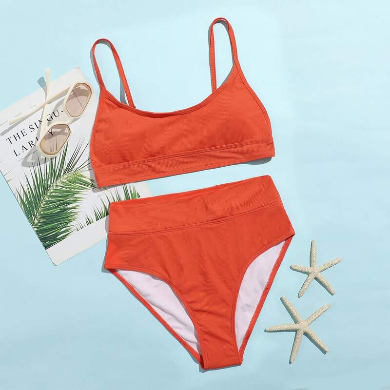 

Solid High Waist Bikini Swimsuit, Burnt orange