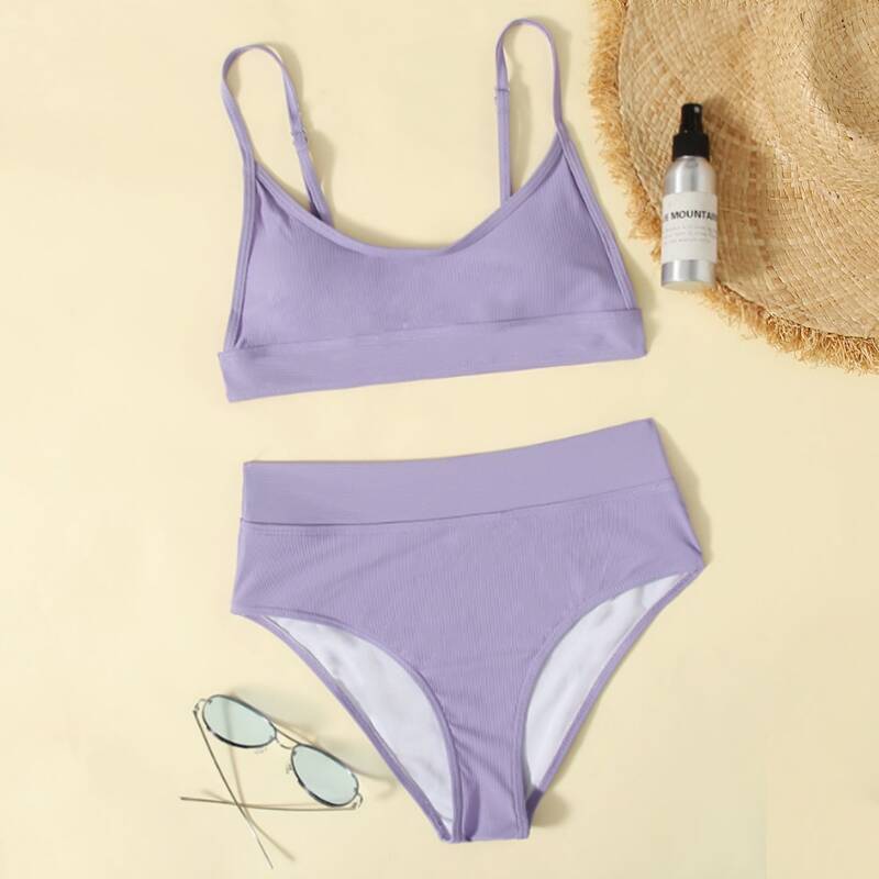 

Solid High Waist Bikini Swimsuit, Lilac purple