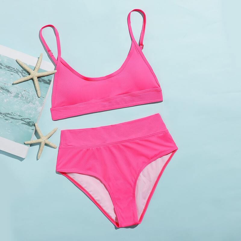 

Solid High Waist Bikini Swimsuit, Hot pink