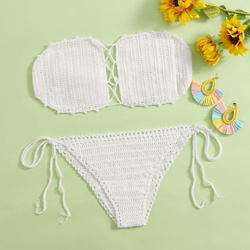 

Solid Crochet Tie Side Bikini Swimsuit, White