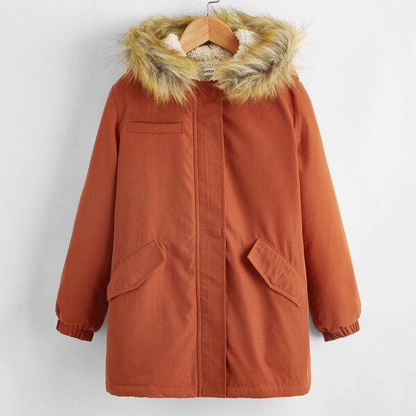 

Girls Shearling Lined Parka Coat, Rust brown