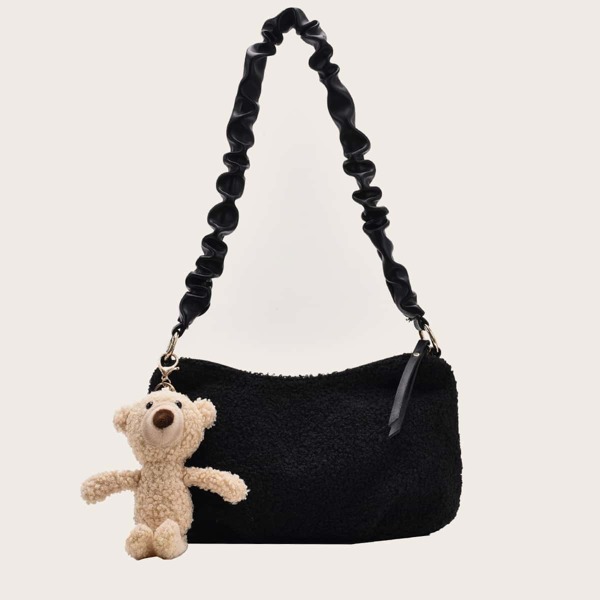 

Ruched Handle Fluffy Shoulder Bag With Toy Charm, Black