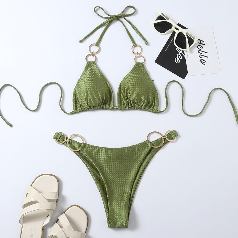 

Ring Linked Triangle Thong Bikini Swimsuit, Green
