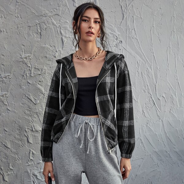 

Plaid Print Zip Up Drawstring Hooded Jacket, Black