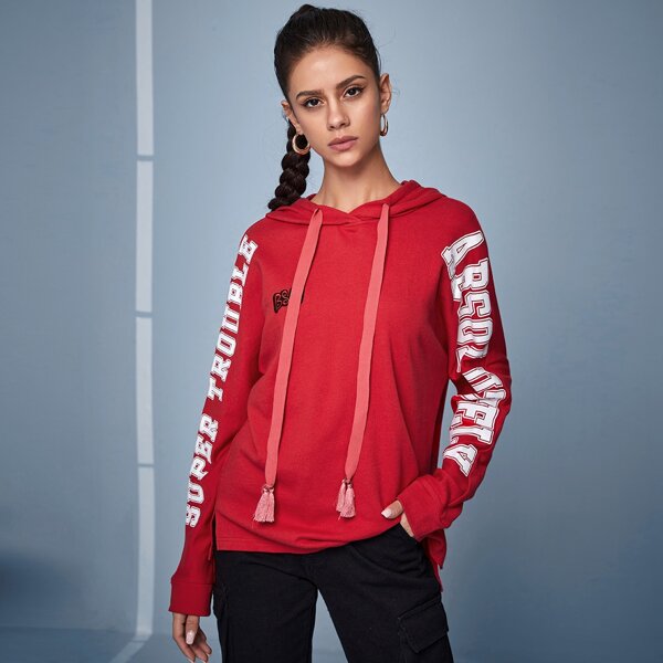 

Letter Graphic Patched Detail Tassel Drawstring Hoodie, Red bright