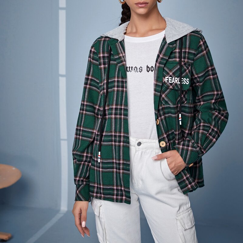 

Letter Flap Pocket Front Contrast Hooded Tartan Blouse, Multicolor