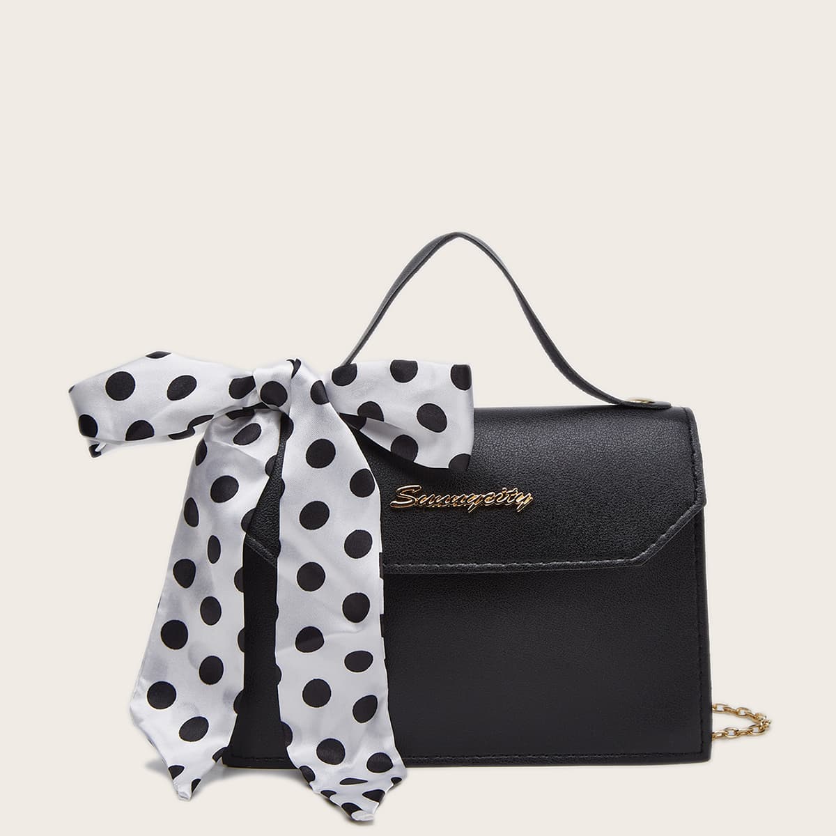 

Bow Decor Chain Satchel Bag, Black