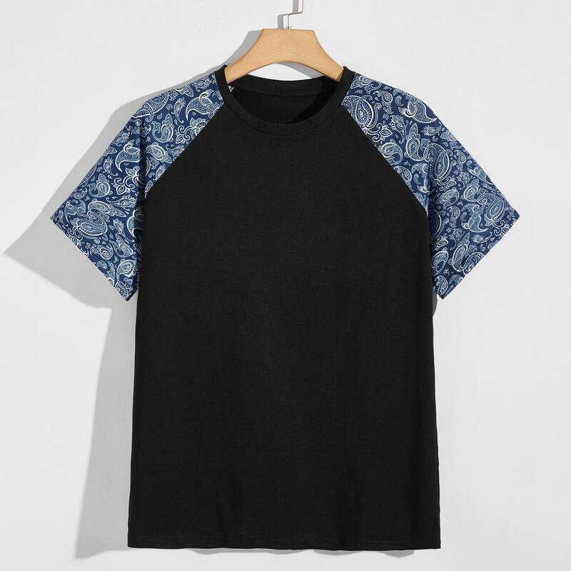 

Men Paisley Print Raglan Sleeve Tee, Black