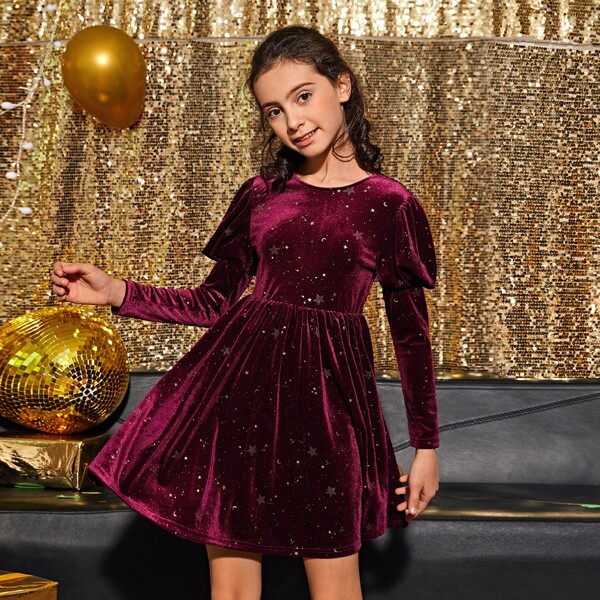 

Girls Gigot Sleeve Glitter Galaxy Velvet Dress, Maroon