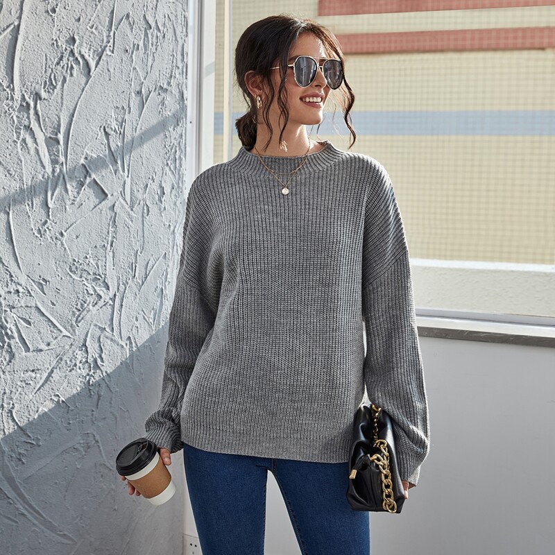 

Drop Shoulder Ribbed Knit Sweater, Grey