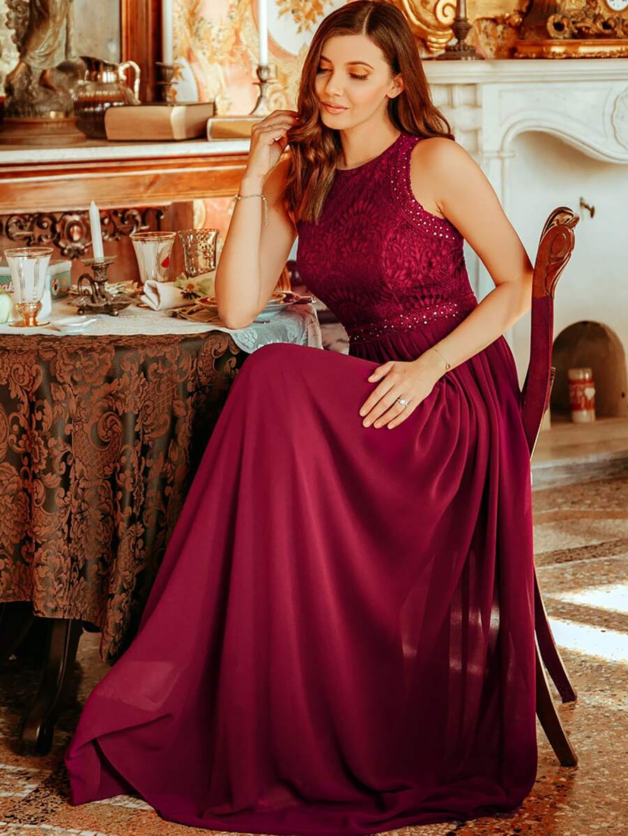 EVERPRETTY Đầm Dây kéo màu trơn Màu Đỏ Sâu Hấp dẫn - Màu Đỏ Sâu - Xem 1