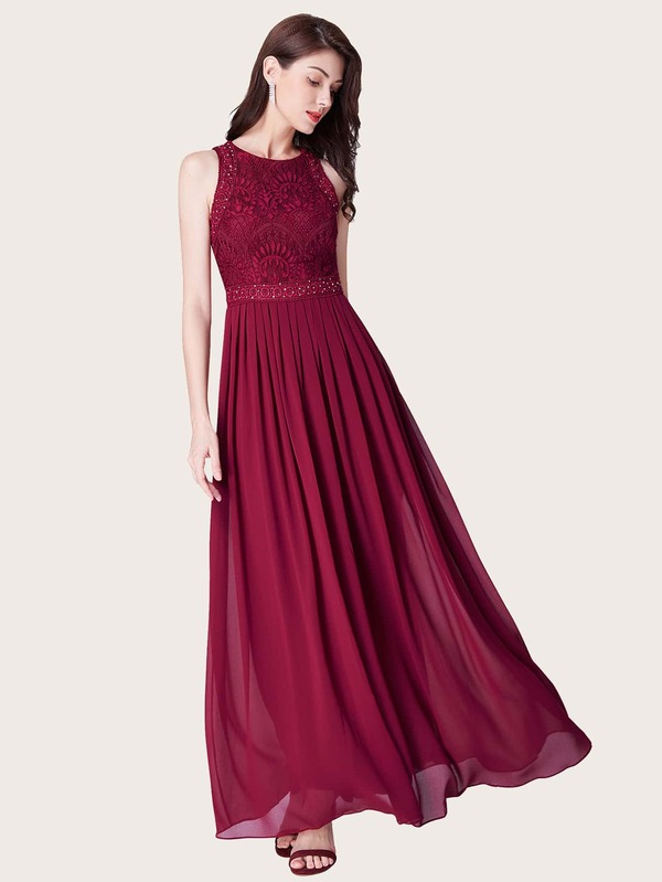 EVERPRETTY Zipper Back Lace Bodice Pleated Flare Dress SHEIN USA