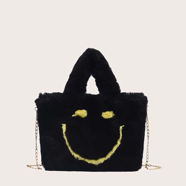 

Chain Fluffy Satchel Bag, Black
