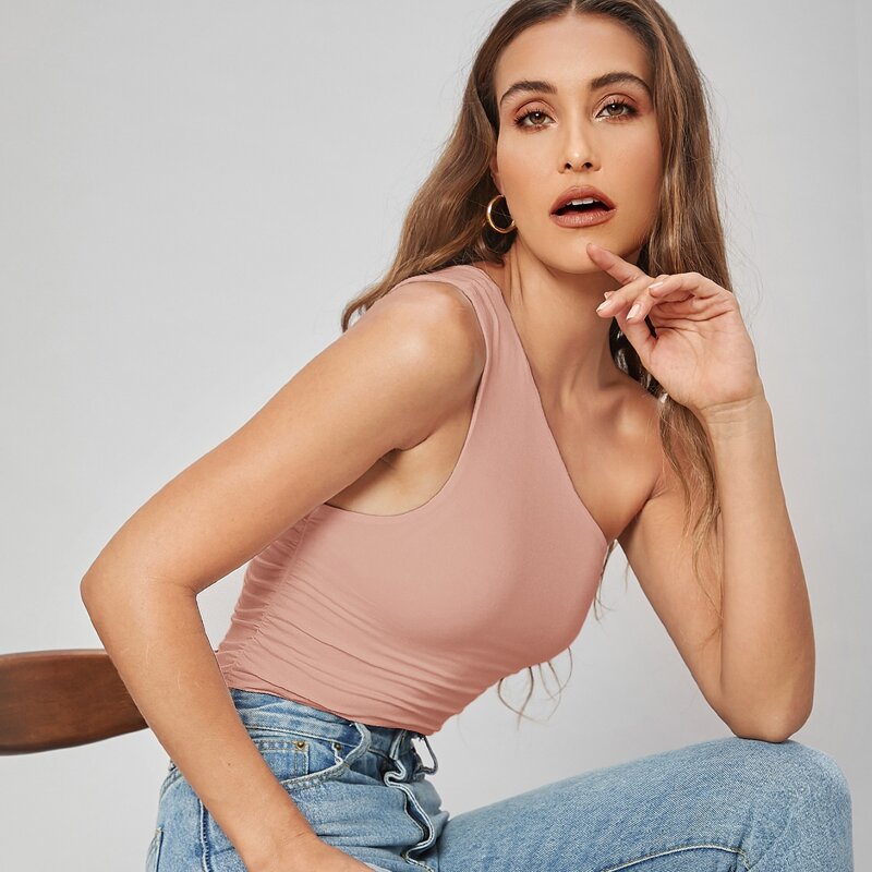 

One Shoulder Ruched Side Bodysuit, Pastel dusty pink
