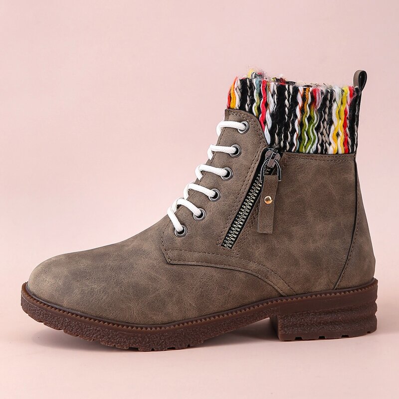 

Contrast Knit Shaft Lace-up Ankle Boots, Khaki