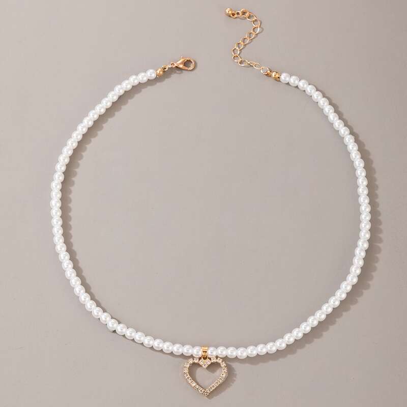 

Rhinestone Heart Faux Pearl Necklace, White