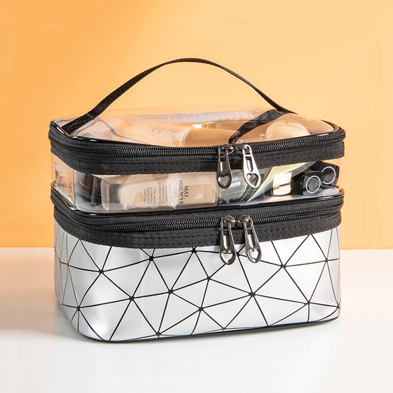 

1pc Geometric Pattern Large Toiletries Bag, Silver