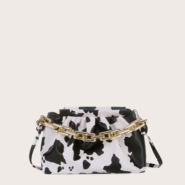 

Cow Pattern Chain Satchel Bag, Black and white