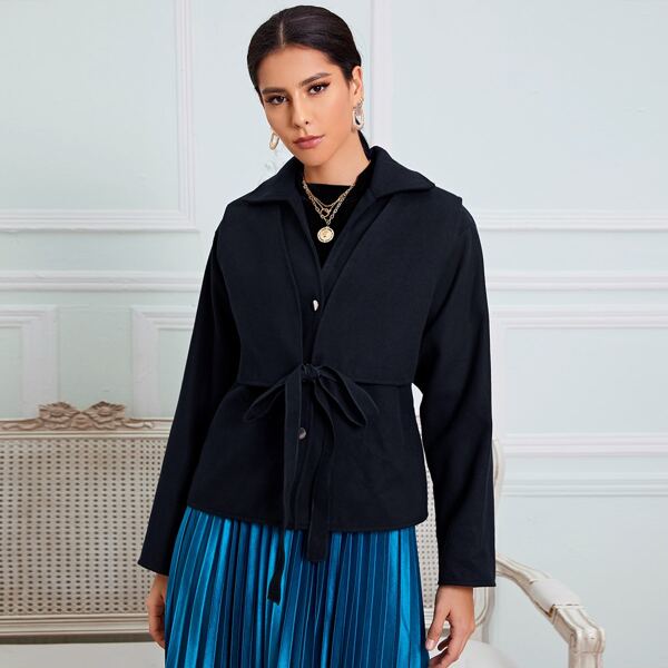 

Popper Button Knot Front Coat, Navy blue